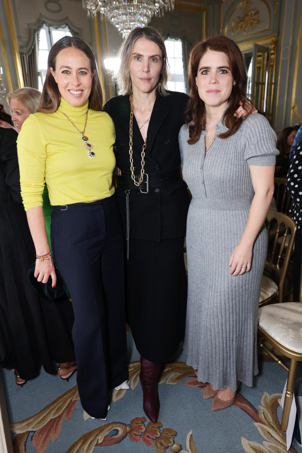 Princess Nina of Greece and Denmark aka Nina Flohr, Gabriela Hearst and Princess Eugenie of York attend a reception and panel discussion on the fashion industry's commitment to sustainability, co-hosted by the United States' Ambassador to the United Kingdom, Jane Hartley, and Hearst, at the American Ambassador's Residence on April 11, 2024 in London.