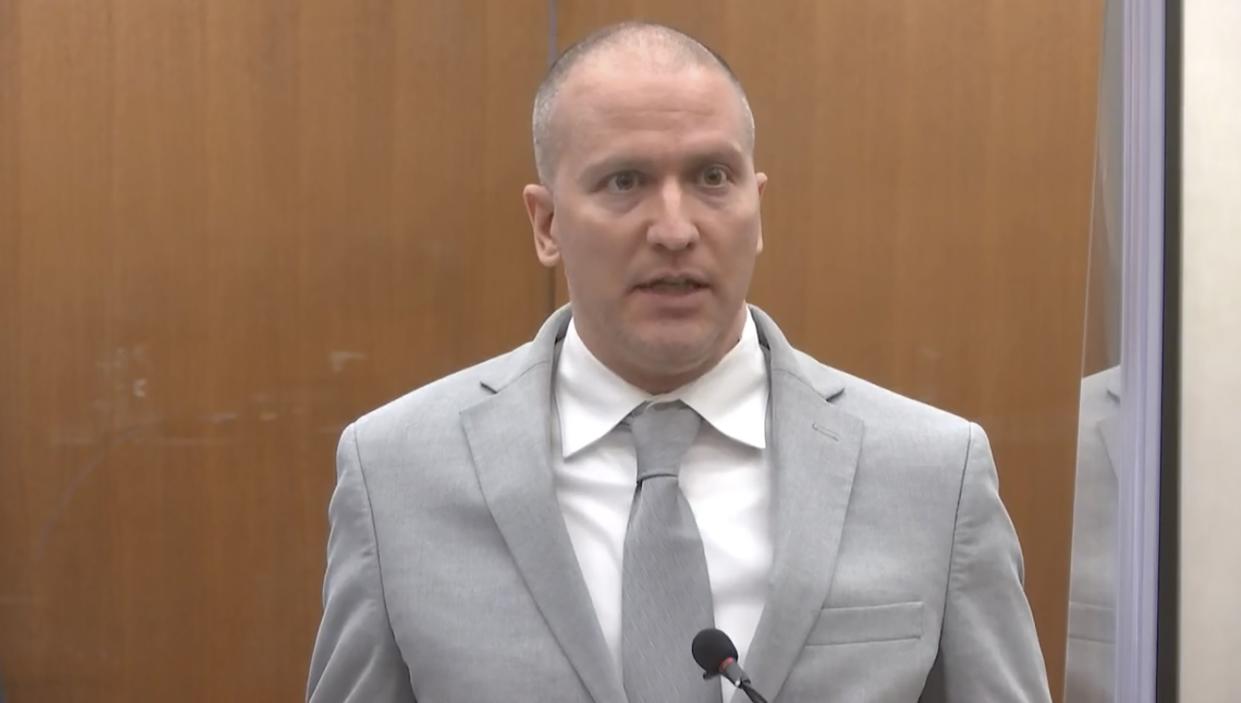 In this June 25, 2021, file image taken from video, former Minneapolis police Officer Derek Chauvin addresses the court as Hennepin County Judge Peter Cahill presides over Chauvin's sentencing at the Hennepin County Courthouse in Minneapolis.