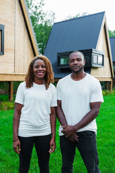 Patrice and Darrel Maxam opened Finger Lakes Treehouse in July 2023 on a site of family significance in Sodus, New York. The pair, who already operate seven DIY Airbnb rentals on their woodland property in Atlanta, plan to build 