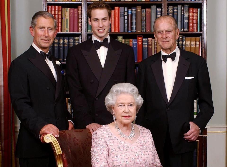<p>Queen Elizabeth II with her consort Prince Philip, joined by their son Prince Charles, the Prince of Wales, and his son, Prince William – three generations of the British Royal Family gathered at Clarence House.</p>