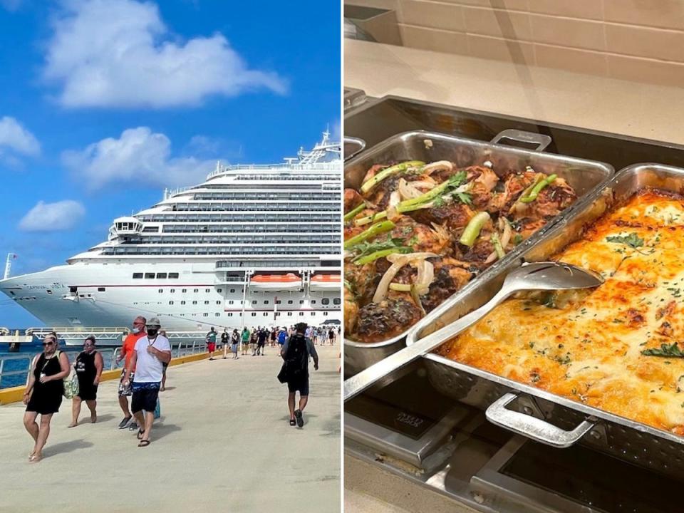 Side-by-side images of a cruise ship and buffet entrees.