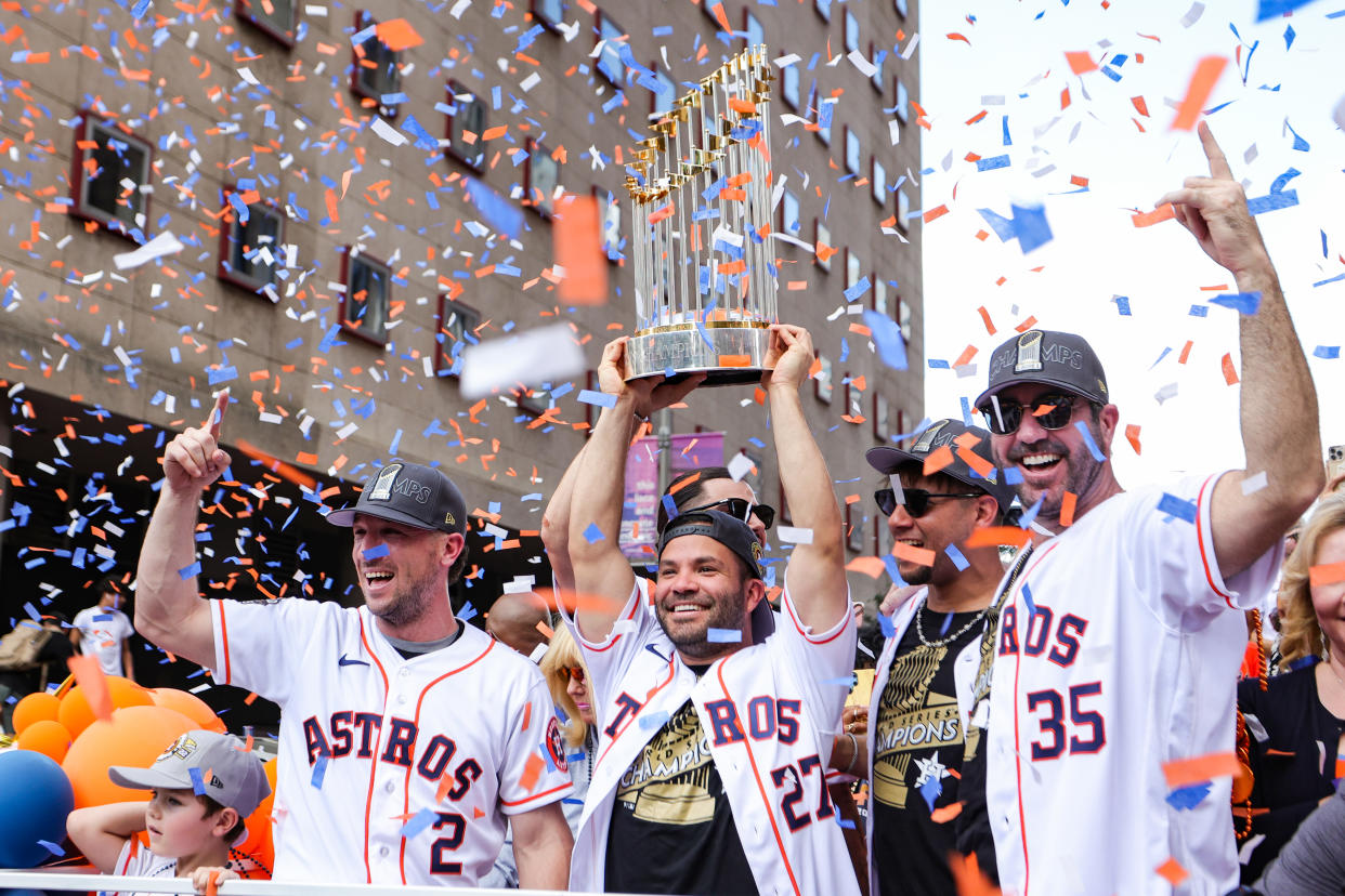 HOUSTON, TEXAS - NOVEMBER 07: Jose Altuve #27, Alex Bregman #2, Justin Verlander #35, Yuli Gurriel #10 and Lance McCullers Jr. #43 of the Houston Astros participate in the World Series Parade on November 07, 2022 in Houston, Texas. (Photo by Carmen Mandato/Getty Images)