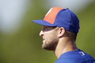 <p>Tim Tebow watches during a practice before his first instructional league baseball game for the New York Mets against the St. Louis Cardinals instructional club Wednesday, Sept. 28, 2016, in Port St. Lucie, Fla. (AP Photo/Luis M. Alvarez) </p>