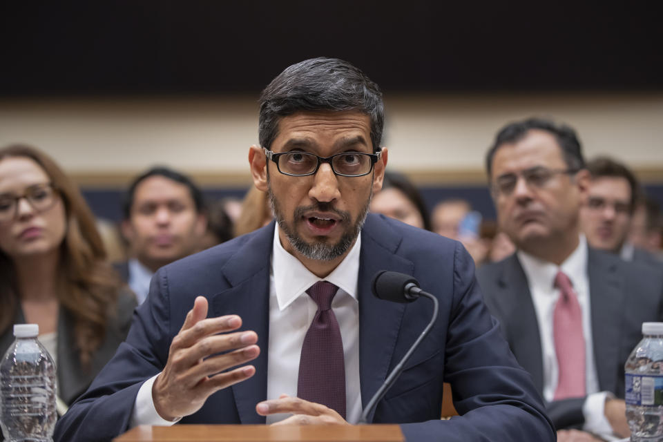 Google CEO Sundar Pichai appears before the House Judiciary Committee to be questioned about the internet giant's privacy security and data collection, on Capitol Hill in Washington, Tuesday, Dec. 11, 2018. Pichai angered members of a Senate panel in September by declining their invitation to testify about foreign governments' manipulation of online services to sway U.S. political elections. (AP Photo/J. Scott Applewhite)