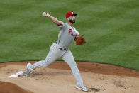 Philadelphia Phillies starting pitcher Jake Arrieta delivers during the first inning of a baseball game against the New York Yankees, Monday, Aug. 3, 2020, at Yankee Stadium in New York. (AP Photo/Kathy Willens)