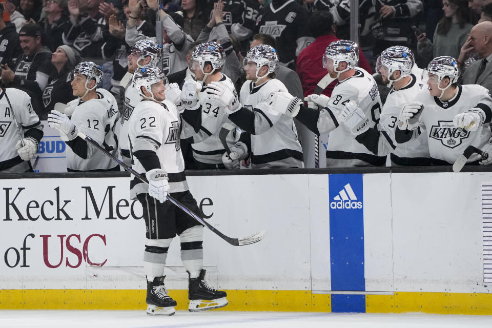 Los Angeles Kings left wing Kevin Fiala is congratulated for his goal against the Anaheim Ducks during the first period of an NHL hockey game Saturday, Feb. 24, 2024, in Los Angeles. (AP Photo/Ryan Sun)