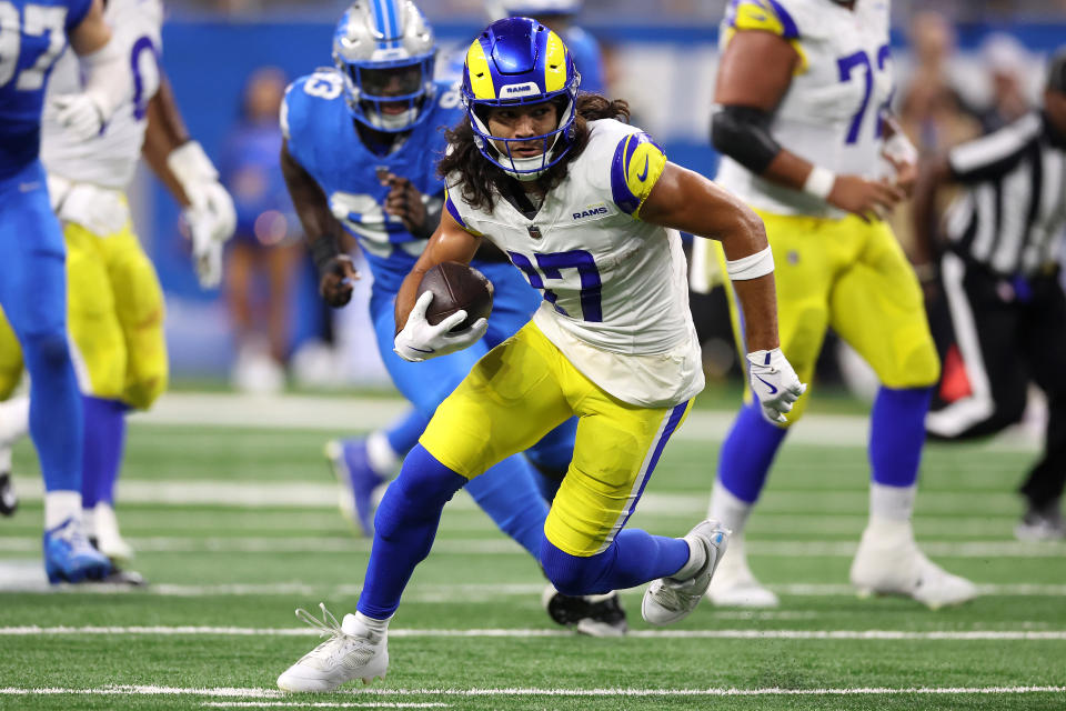 Puka Nacua did not return for the second half against the Lions on Sunday. (Gregory Shamus/Getty Images)