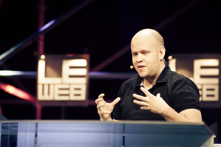 <span class="caption">Daniel Ek, Spotify CEO.</span> <span class="attribution"><a class="link " href="https://www.flickr.com/photos/leweb3/6482059981/in/photolist-aSNfAR-bD7zhG-aSHRPM-aSHTx4-aVqi3M-bVbiyN-aUcHXK-aSNfWc-aUcHBT-aUcGzi-aUcGTr-aTfLPe-8GkmF1-duyWLh-UZUxjd-UZot7z-gYWzyp-V3P922-UAQPjJ-gYWuGv-aUcHgR-Vc1XX6-V12HWb-TWX5L5-aSJ2pP-aSJhp8-aSHNyZ-aSNhdZ-c86MGq-UWA5v7-U1Ltjt-VesJxB-gYWxm9-VaThHA-aSJ2ui-gYWCsG-gYWBL9-V2L6YB-gYWysN-UYZ1Lq-VfpjKg-TWX5f5-nG5Tnf-V2KTKP-U1Luj4-CeCim-UYVdHQ-UDbkaL-UE7Zjo-V2Hxsi" rel="nofollow noopener" target="_blank" data-ylk="slk:Official Leweb Photos;elm:context_link;itc:0;sec:content-canvas">Official Leweb Photos</a>, <a class="link " href="http://creativecommons.org/licenses/by/4.0/" rel="nofollow noopener" target="_blank" data-ylk="slk:CC BY;elm:context_link;itc:0;sec:content-canvas">CC BY</a></span>