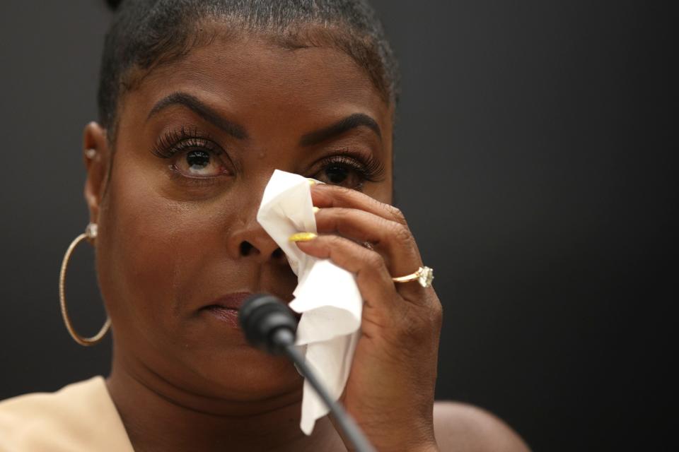 Actress and mental health advocate Taraji P. Henson, founder of The Boris Lawrence Henson Foundation, wipes tears during a hearing before the Congressional Black Caucus Taskforce on Black Youth Suicide and Mental Health June 7, 2019 on Capitol Hill in Washington, DC. Henson spoke on a personal perspective on managing mental health challenges, and the benefits of shining light on this topic in Black households. 