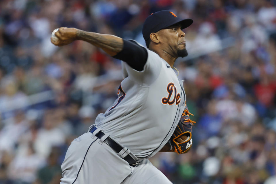 Detroit Tigers relief pitcher Jose Cisnero throws to the Minnesota Twins in the sixth inning of a baseball game Tuesday, Aug. 15, 2023, in Minneapolis. The Twins won 5-3. (AP Photo/Bruce Kluckhohn)