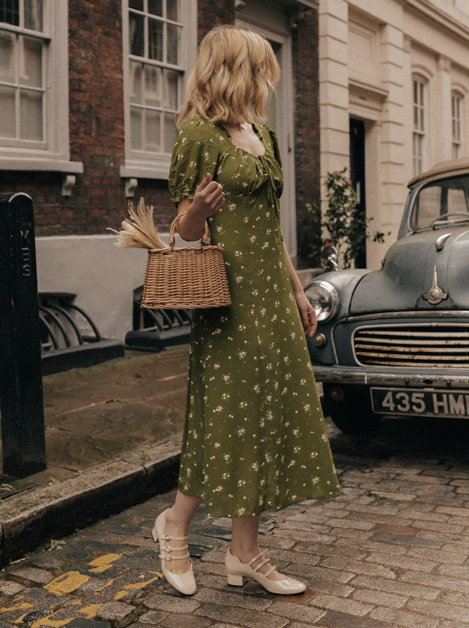 Simple Retro Magnolia Printed Floral Green Midi Dress