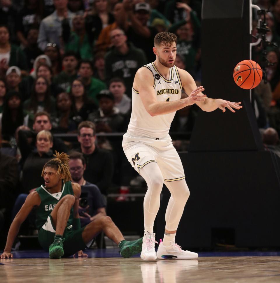 Michigan center Hunter Dickinson rebounded against Eastern Michigan in the second half of UM's 88-83 win at Little Caesars Arena on Friday, November 9, 2022.