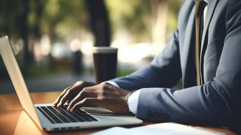 A businessperson in business attire writing a job post on their laptop.