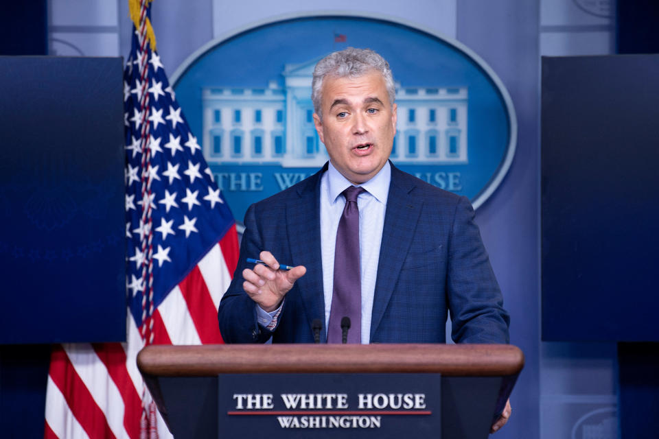 Jeff Zients, the White House's Covid-19 response czar, speaks during a press briefing at the White House where they spoke about a pause in issuing the Johnson & Johnson Janssen Covid-19 vaccine on April 13, 2021, in Washington, DC. (Brendan Smialowski/AFP via Getty Images)