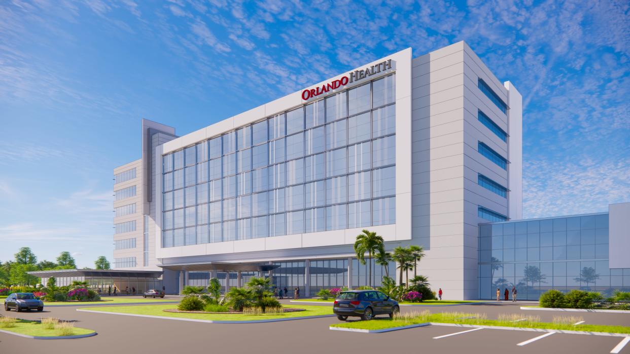 This rendering depicts the seven-story, 302-bed hospital Orlando Health is constructing where Polk Parkway meets Lakeland Highlands Road. The hospital is slated to open in summer 2026.