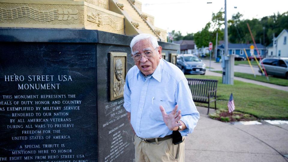 Sonny Soliz explains his inspiration for various parts of the monument. (Zamone Perez/Staff)