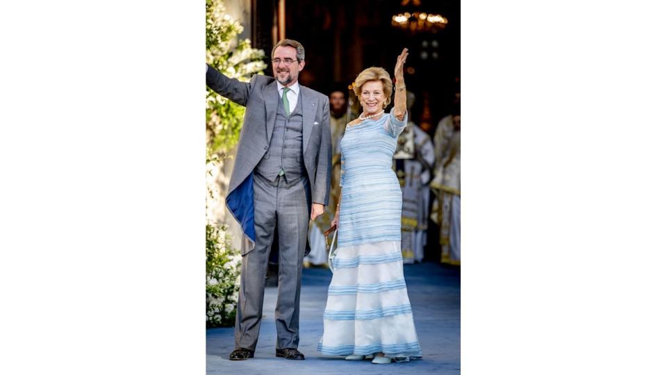 Queen Anne-Marie and Prince Nikolaos, Wedding of Princess Theodora of Greece and Matthew Kumar at the Cathedral of the Annunciation in Athens, Greece, September 28, 2024.