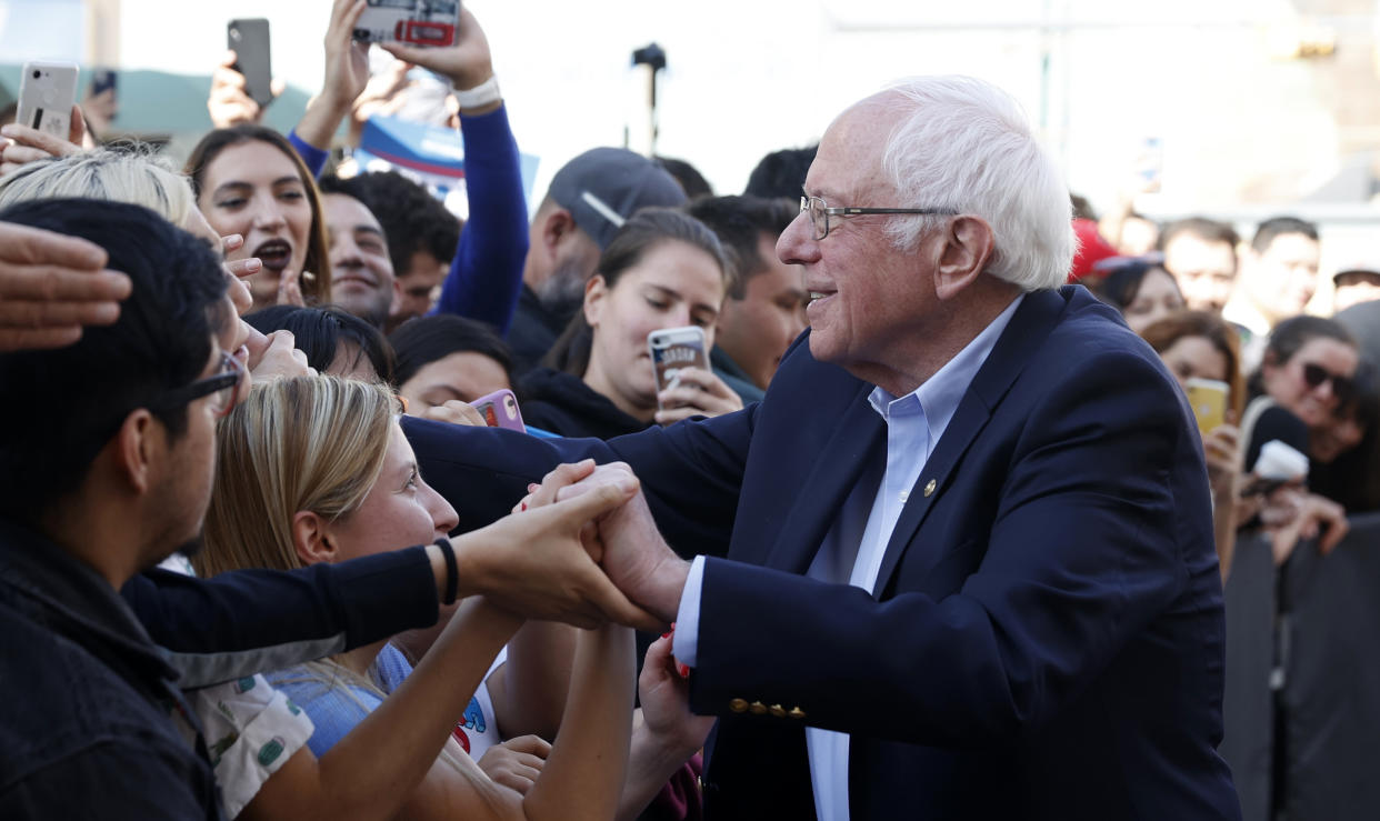 Sen. Bernie Sanders greets supporters outside his campaign rally held on the day of the Nevada Caucus in El Paso, Texas, U.S., February 22, 2020. (Mike Segar/Reuters)