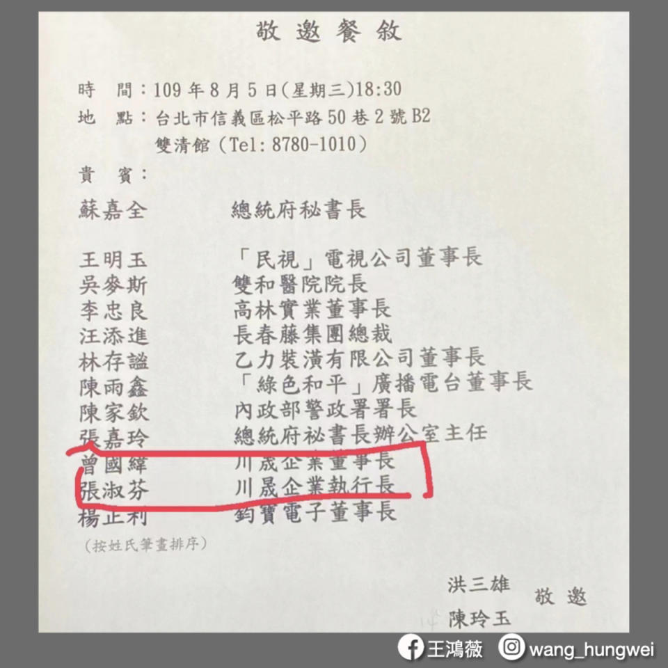 國民黨立委王鴻薇在臉書曝光的一份餐敘邀請名單中，總統府前秘書長蘇嘉全、警政署前署長陳家欽竟與im.B主嫌曾耀鋒（曾國緯）、張淑芬同為座上賓。   圖：王鴻薇/提供