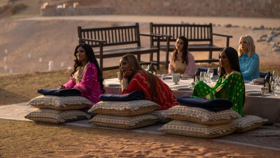 The cast of “The Real Housewives of Dubai” in a scene from the show. In the Aug. 17 episode, Chanel Ayan (far right, front) revealed some traumatic details about her childhood. (Photo by: Emilija Popovic/Bravo)