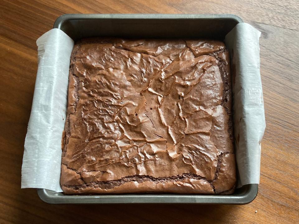 Brownies baked in square plan with a light-brown top