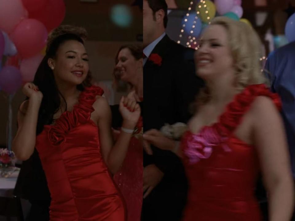 Santana spots someone else wearing a red dress.