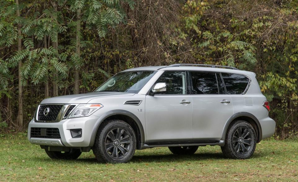 <p>Did the Infiniti QX80 listed before this Nissan catch your eye? Would you like to pay less for what is essentially the same vehicle? <a rel="nofollow noopener" href="https://www.caranddriver.com/nissan/armada" target="_blank" data-ylk="slk:The Armada;elm:context_link;itc:0;sec:content-canvas" class="link ">The Armada</a> is for you. It is mechanically identical to the pricier QX80 and even offers nearly the same optional equipment, so you can equip the Nissan to, essentially, the same level as the Infiniti at a notable savings. Only the badging and some interior details will differ; oh, and the Armada's V-8 engine produces 10 fewer horsepower than the QX80's, for a still-impressive 390 ponies (and an 8500-pound towing capacity).</p>