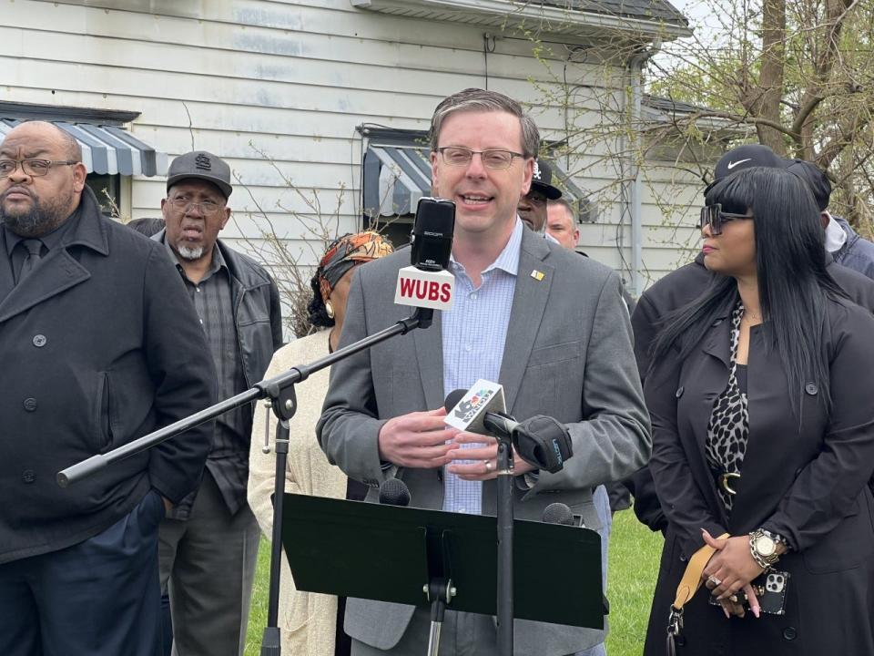 South Bend Mayor James Mueller speaks at a press conference April 21 in reaction to the April 20 shooting death of 11-year-old South Bend resident T'yon Horston.