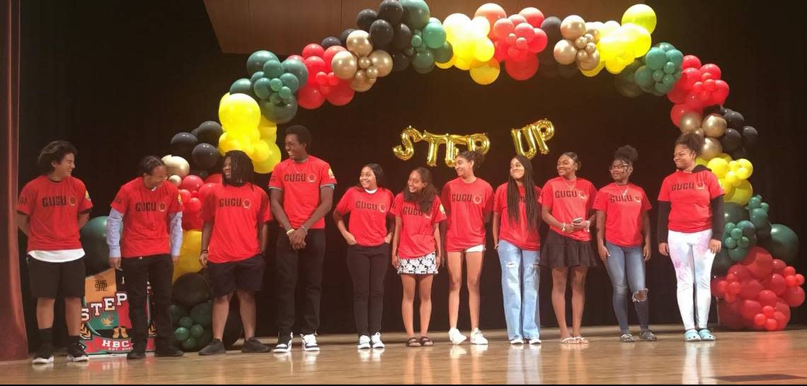 Bullard, Edison and Sunnyside students a part of the Gugu House laugh together as they prepare to chant during a August 11 program launch for HBCU Step Up. The program will offer students dual enrollment, support services and cultural education about a college experience at a Historically Black College or University (HBCU).