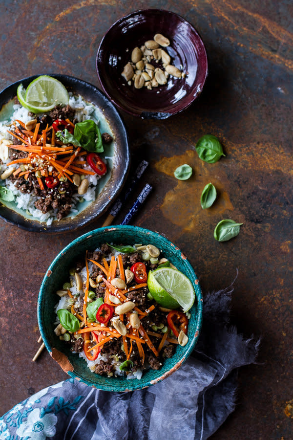 <strong>Get the <a href="http://www.halfbakedharvest.com/20-minute-thai-basil-beef-lemongrass-rice-bowls/" target="_blank">20-Minute Thai Basil Beef Rice Bowl recipe</a>&nbsp;from Half Baked Harvest</strong>