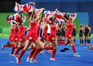 2016 Rio Olympics - Hockey - Final - Women's Gold Medal Match Netherlands v Britain - Olympic Hockey Centre - Rio de Janeiro, Brazil - 19/08/2016. Britain celebrates their gold medal win. REUTERS/Matthew Childs