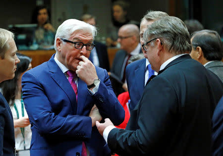 Germany's Foreign Minister Frank-Walter Steinmeier and his Finnish counterpart Timo Soini attend a European Union foreign ministers meeting in Brussels, Belgium November 14, 2016. REUTERS/Yves Herman