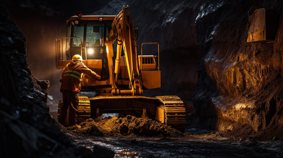 A worker in full safety gear operating an excavator in a mining operation.