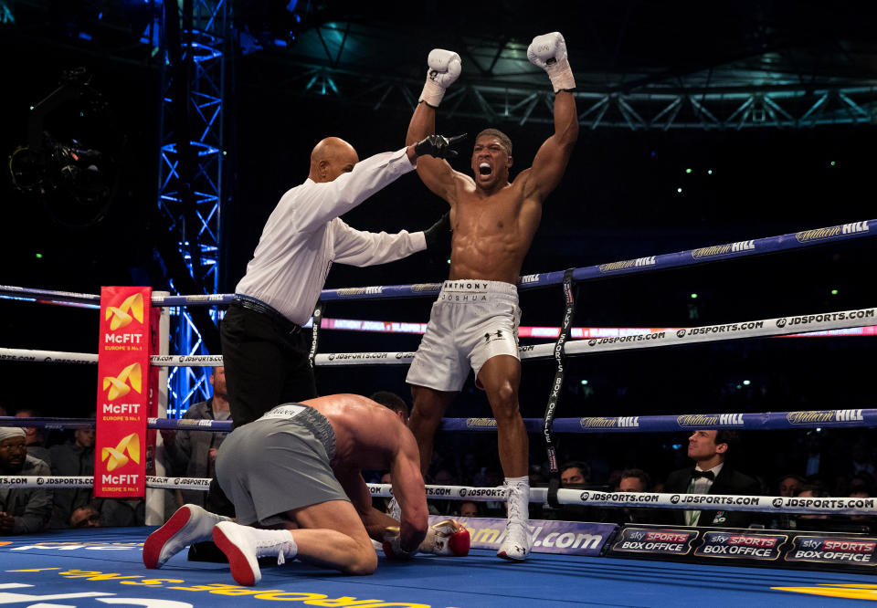 Anthony Joshua celebrates his 11th-round TKO of Wladimir Klitschko in what was a leading contender for the 2017 Yahoo Sports boxing Fight of the Year. (Getty Images)