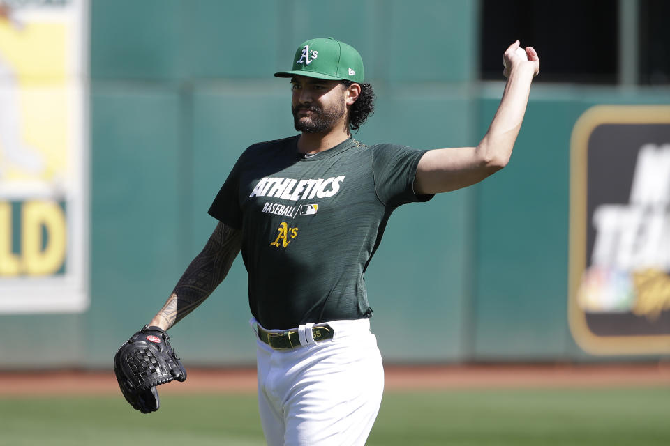 Oakland Athletics pitcher Sean Manaea throws during baseball practice in Oakland, Calif., Tuesday, Oct. 1, 2019. The Athletics are scheduled to face the Tampa Bay Rays in an American League wild-card game Wednesday, Oct. 2. (AP Photo/Jeff Chiu)