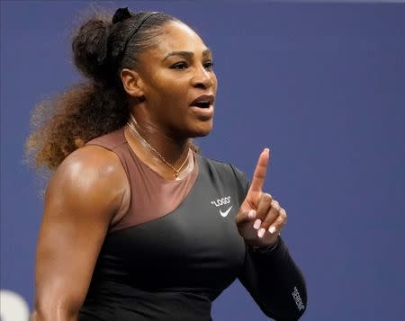 Sept 8, 2018; New York, NY, USA; Serena Williams of the USA talks to chair umpire after a code violation for coaching while playing Naomi Osaka of Japan in the women’s final on day thirteen of the 2018 U.S. Open tennis tournament at USTA Billie Jean King National Tennis Center. Robert Deutsch-USA TODAY Sports