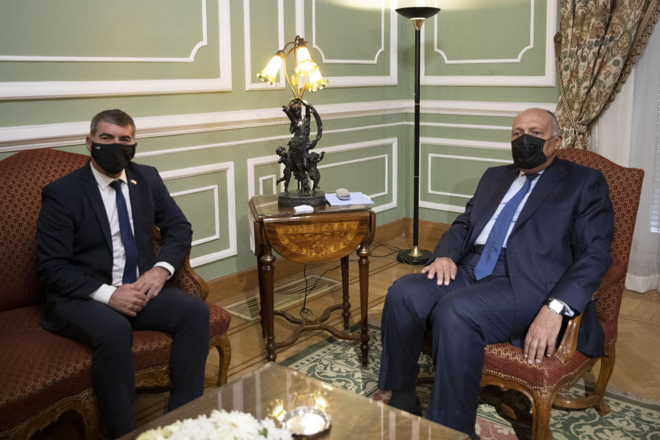 Egyptian Foreign Minister Sameh Shoukry meets with Israeli Foreign Minister Gabi Ashkenazi at the Tahrir Palace in Cairo, Egypt, Sunday, May 30, 2021. (AP Photo/Nariman El-Mofty)