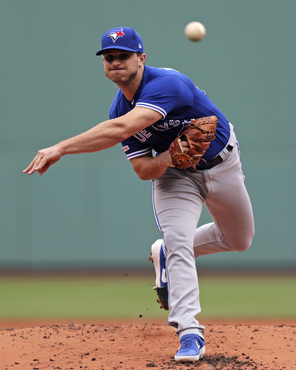 Toronto Blue Jays starting pitcher Thomas Pannone delivers during the first inning of a baseball game against the Boston Red Sox at Fenway Park in Boston, Thursday, July 18, 2019. (AP Photo/Charles Krupa)