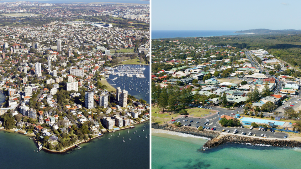 Aerial views of the suburbs of Byron Bay and Darling Point in New South Wales.