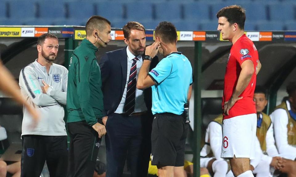 England’s manager, Gareth Southgate, speaks to the referee during the qualifier in Bulgaria that was halted because of racism last October.