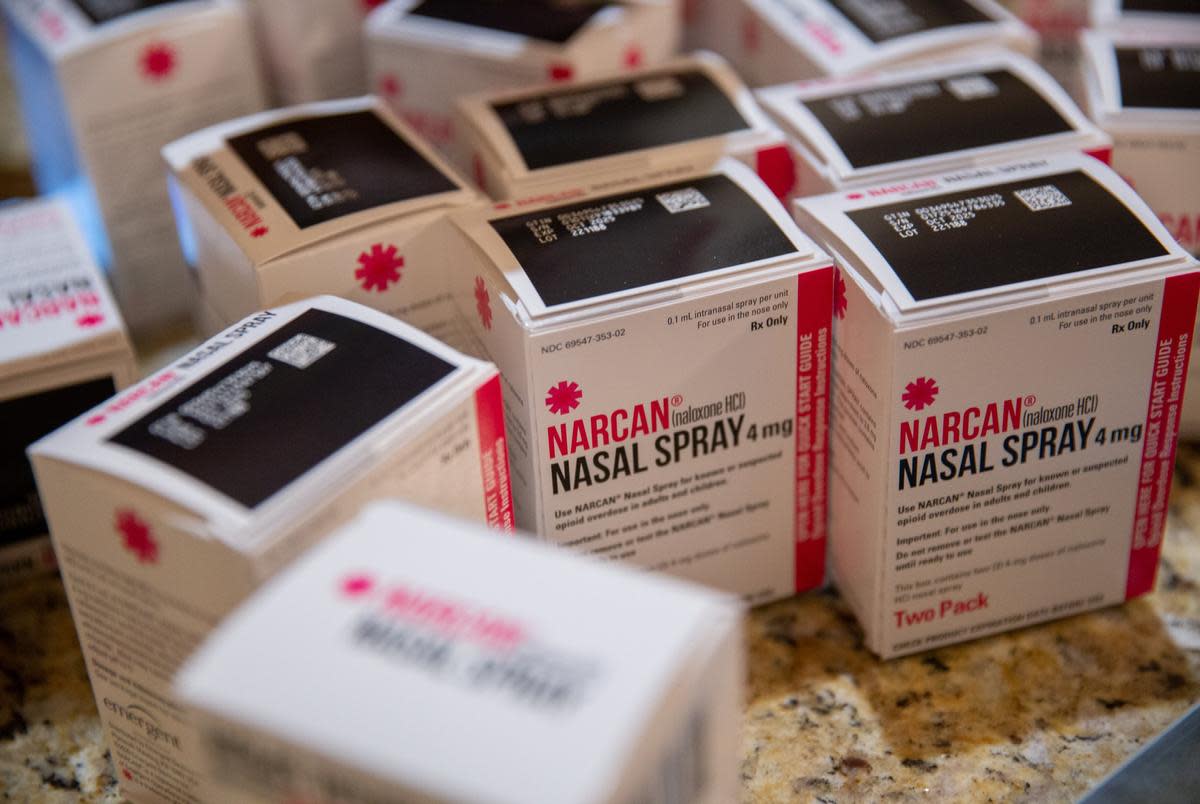Boxes of Narcan Nasal Spray at Janel Rodriguez's home on March 30, 2023, in Hays County. Rodriguez's son, Noah Adam Rodriguez, died from a fentanyl overdose in 2022 and has since started the Forever15 Project where she distributes boxes of Narcan to people who order online.