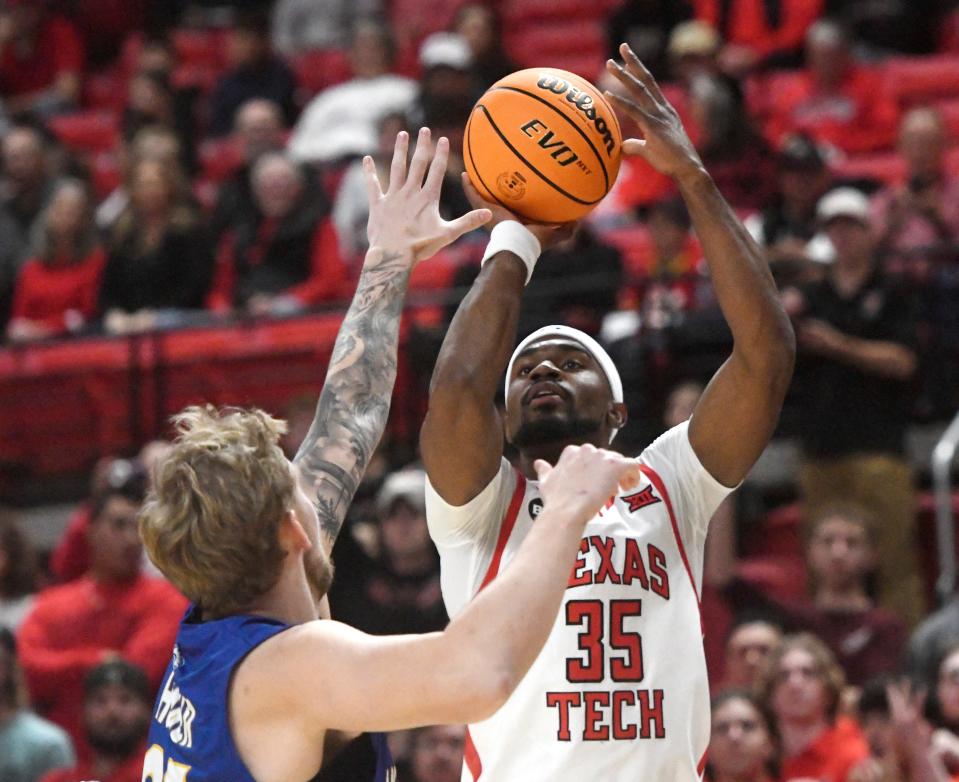 Texas Tech's forward Devan Cambridge (35) shoots the ball against San Jose State in a non conference basketball game, Sunday, Nov. 12, 2023, at United Supermarkets Arena.