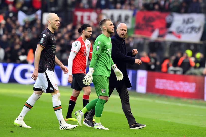 Bram Nuytinck of NEC Nijmegen, Ramiz Zerrouki of Feyenoord, NEC Nijmegen goalkeeper Jasper Cillessen, Feyenoord coach Arne Slot temporarily enter the dressing room during the TOTO KNVB Cup final match between Feyenoord and NEC Nijmegen in Feyenoord Stadium de Kuip on 21 April 2024 in Rotterdam, Netherlands.