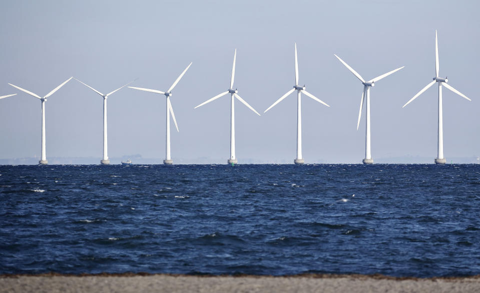 FILE - Offshore turbines at Amager Stand near Copenhagen, on Feb. 15. 2016. Denmark will increase a planned offshore wind capacity in the Baltic Sea to 3 gigawatts and hook it up to the German grid which will be a step toward weaning Europe off its reliance on Russian gas. The deal was announced Monday Aug. 29, 2022 in Copenhagen. (Jens Dresling/Polfoto File via AP, File)