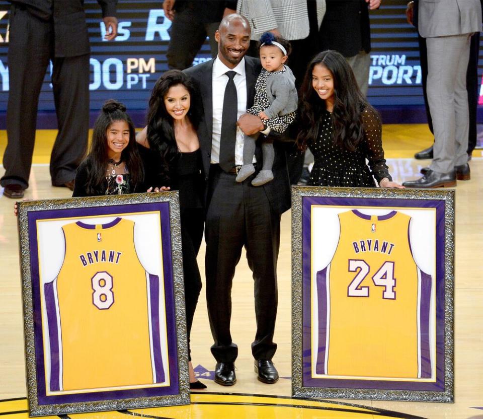 Kobe Bryant and family at his jersey retirement ceremony in 2017 | Maxx Wolfson/Getty