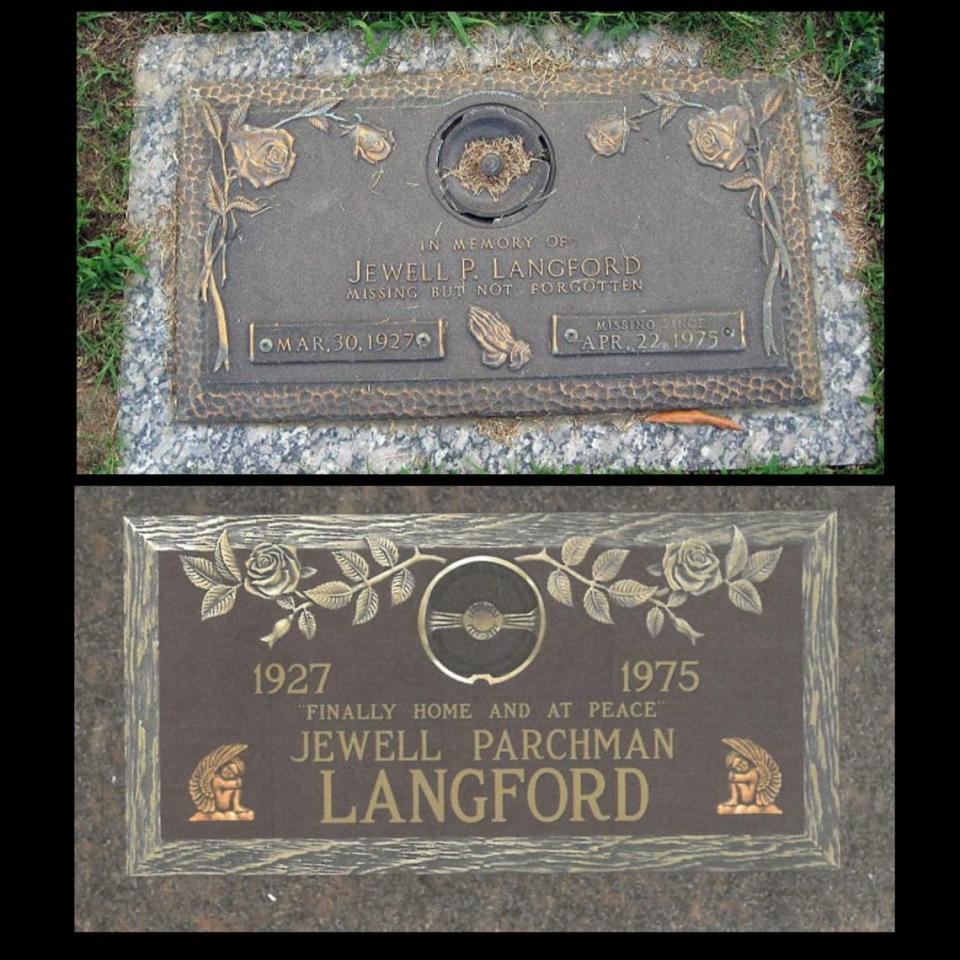 Langford’s original grave marker, top, was replaced, bottom, when her body was returned to her family and buried, police said.