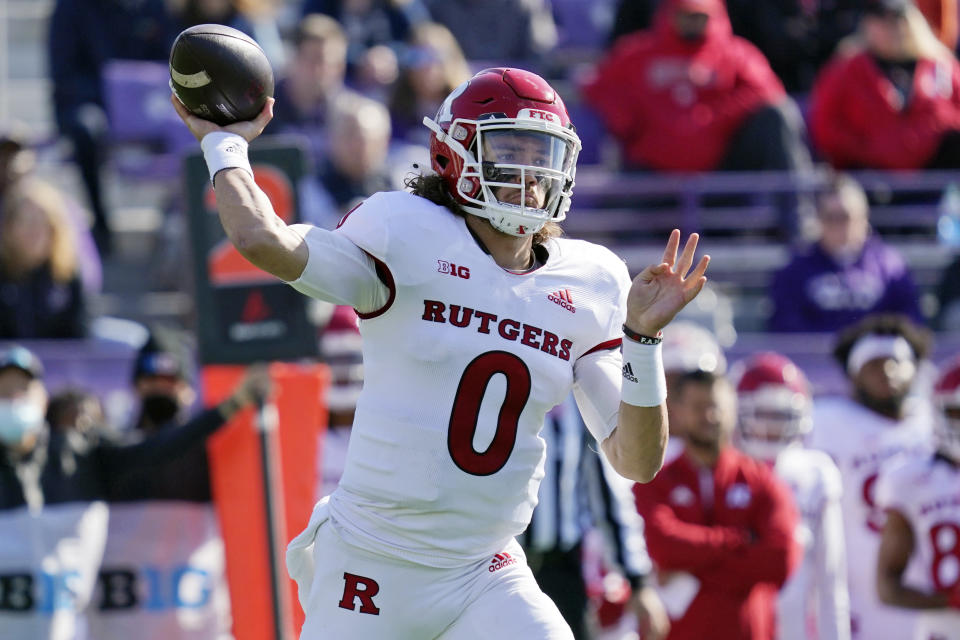 Rutgers quarterback Noah Vedral throws a pass against Northwestern during the first half of an NCAA college football game in Evanston, Ill., Saturday, Oct. 16, 2021. (AP Photo/Nam Y. Huh)