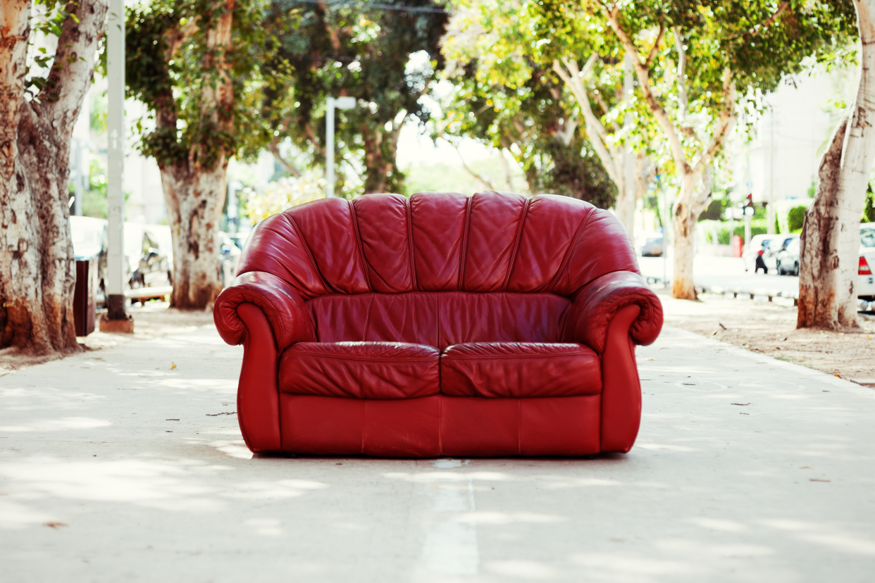 large red couch outside