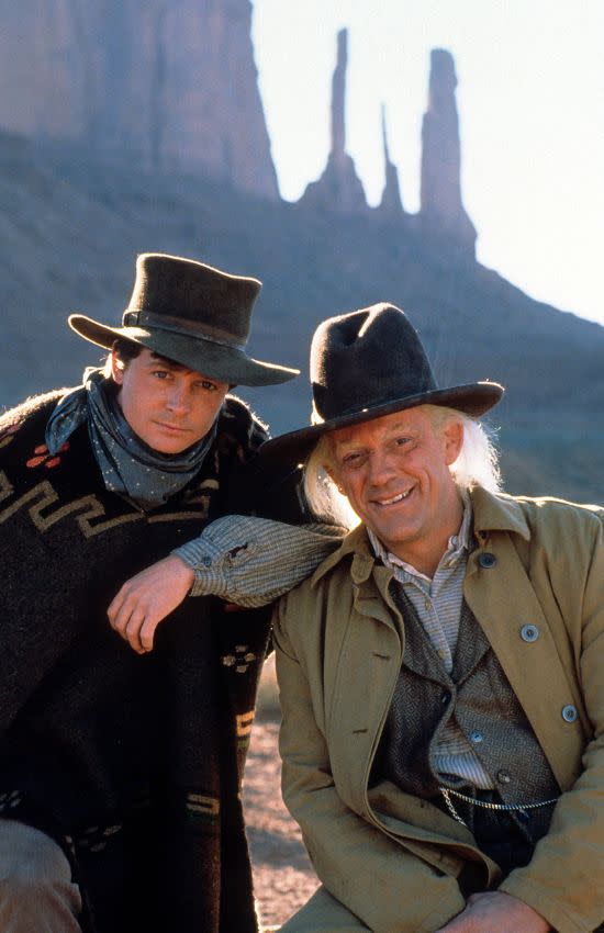 Michael J. Fox y Christopher Lloyd en el rodaje de Regreso al futuro III