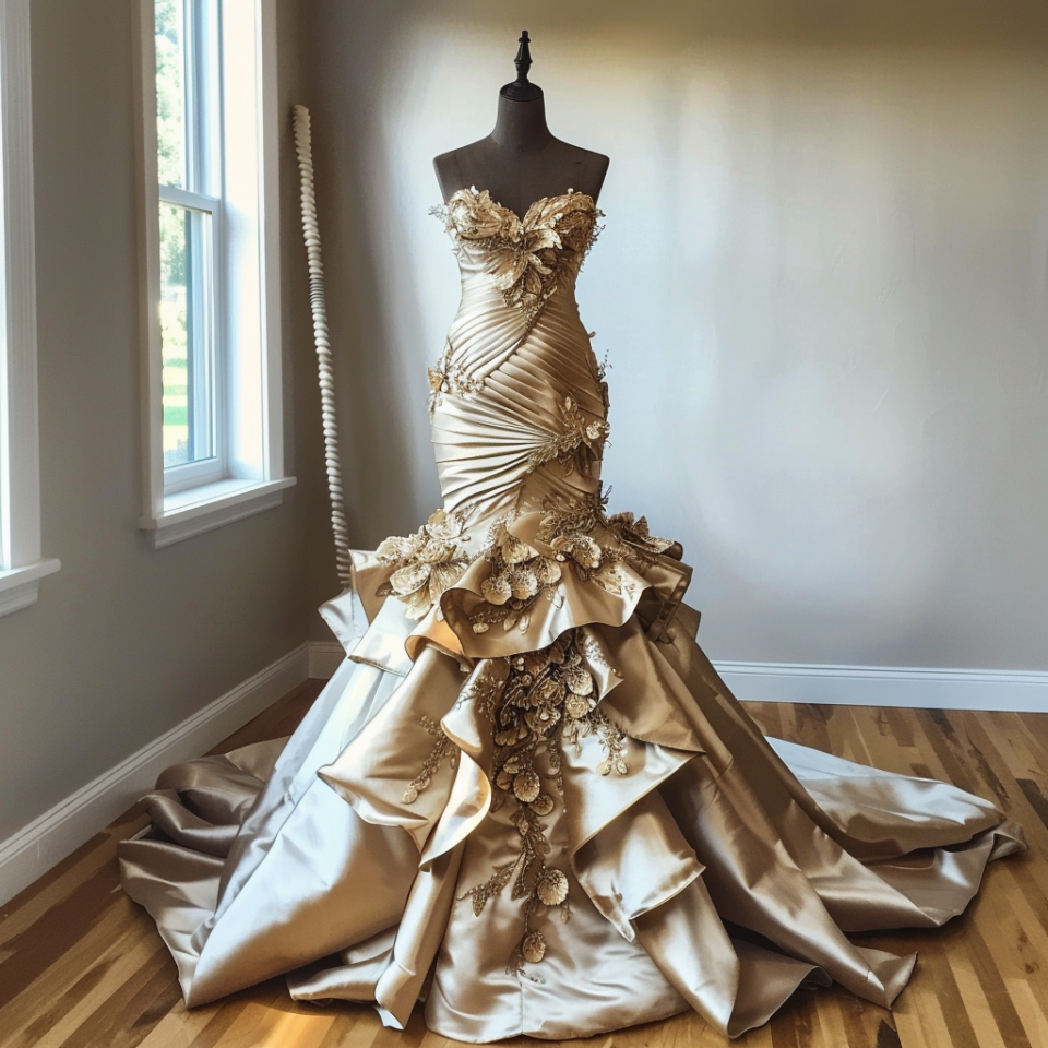 Elegant gown with gold appliques and tiered skirt displayed on a mannequin